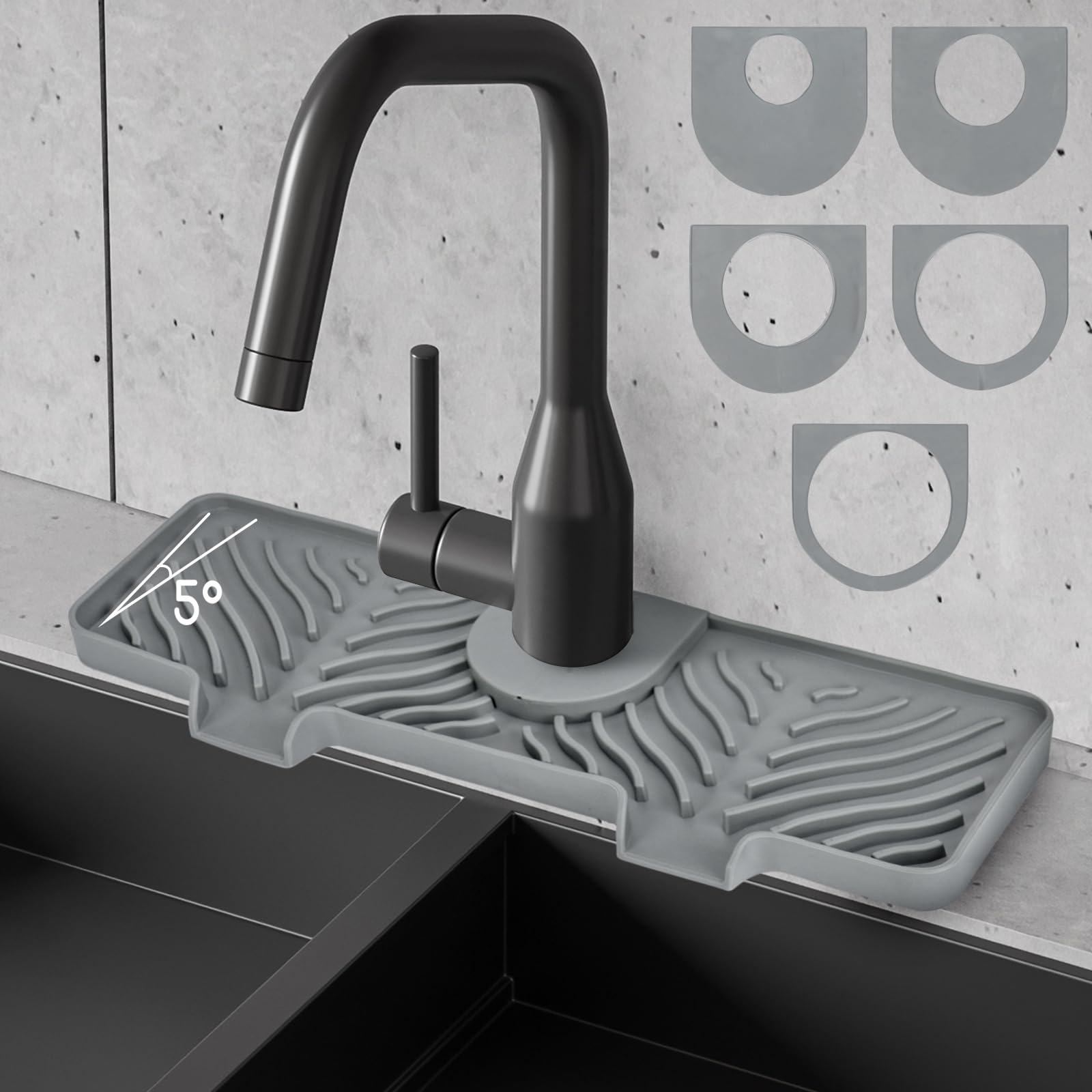 Silicone Faucet Splash Guard - 5°Slope Kitchen Sink Splash Guard, 14.6x5.2x0.8 Inch Faucet Mat for Kitchen Sink with 5 Sizes of Rubber Rings, Silicone Sink Mat for Kitchen Bathroom(Black)